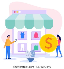 Vector illustration of online shopping concept in social media application. Smartphone with shopping bag, chat message, delivery, 24 hours, and likes icon. suitable for digital shop promotion, web 