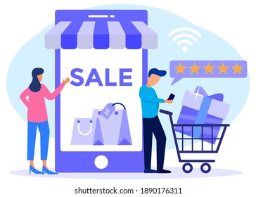 Ilustración vectorial del concepto de compras en línea en aplicaciones de medios sociales. Smartphone con bolsa de compra, mensaje de chat, entrega, 24 horas, y me gusta el icono. adecuado para promoción de tiendas digitales, web 