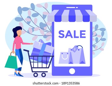 Vector illustration of online shopping concept in social media application. Smartphone with shopping bag, chat message, delivery, 24 hours, and likes icon. suitable for digital shop promotion.