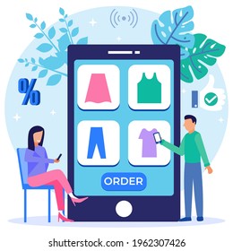 Vector illustration of online shopping concept in social media application. Smartphone with shopping bag, chat message, delivery, 24 hours, and likes icon. suitable for digital shop promotion, web 