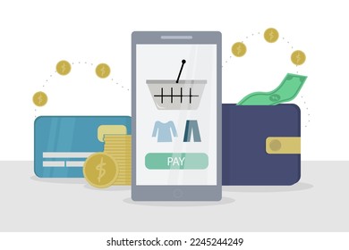 Ilustración vectorial del concepto de compra online con smartphone, tarjeta de crédito, monedas y cartera.
