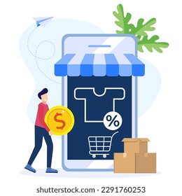 Vector illustration of online shopping concept in app with Smartphone and laptop. Chat messages, delivery, 24 hours and like icons.
