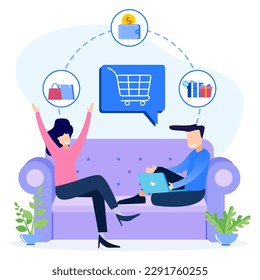 Ilustración vectorial del concepto de compras en línea en aplicación con Smartphone y laptop. Mensajes de chat, entrega, 24 horas y me gustan los iconos.