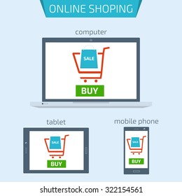 Vector illustration online shopping concept with computer, tablet and smartphone.