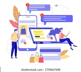 Vector illustration, online shopping, credit card payment, gift card. Man and woman buy online Modern flat design concept of web page design for website and mobile website. Easy to edit and customize