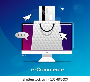 Vector illustration of online shopping & e commerce concept with "e-commerce" online shopping and marketing icon.