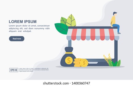 Vector illustration of online shopping & e commerce concept with "e-commerce" online shopping and marketing icon