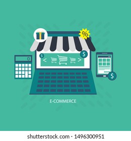 Vector illustration of online shopping & e commerce concept with "e-commerce" online shopping and marketing icon