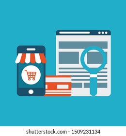 Vector illustration of online shopping & e commerce concept with "e-commerce" online shopping and marketing icon