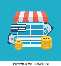 Vector illustration of online shopping & e commerce concept with "e-commerce" online shopping and marketing icon