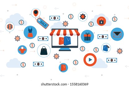 Vector illustration of online shopping & e commerce concept with "e-commerce" online shopping and marketing icon