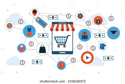 Vector illustration of online shopping & e commerce concept with "e-commerce" online shopping and marketing icon