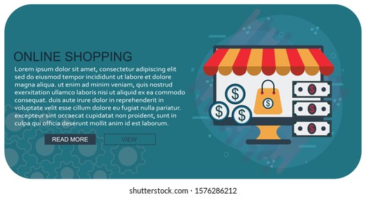 Vector illustration of online shopping & e commerce concept with "e-commerce" online shopping and marketing icon