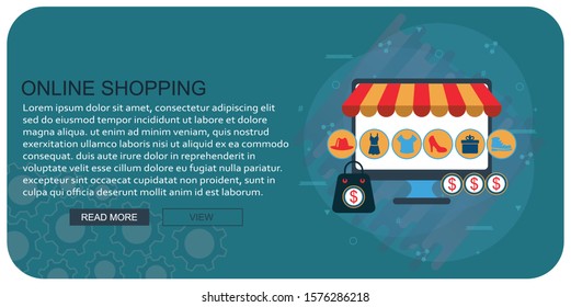 Vector illustration of online shopping & e commerce concept with "e-commerce" online shopping and marketing icon