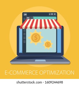 Vector illustration of online shopping and e commerce concept with "e-commerce" online shopping and marketing icon.