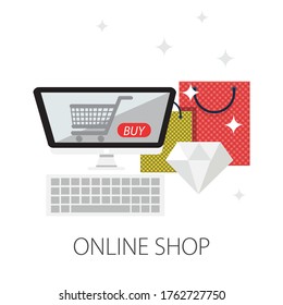 Vector illustration of online shopping & e commerce concept with "online shop" online shopping and marketing icon.