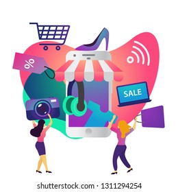 Vector illustration online shopping, ecommerce concept, people buying online and get goods through device