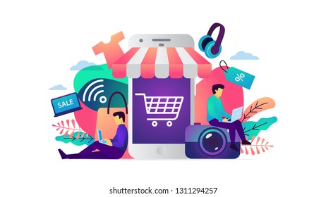 Vector illustration online shopping, ecommerce concept, people buying online and get goods through device