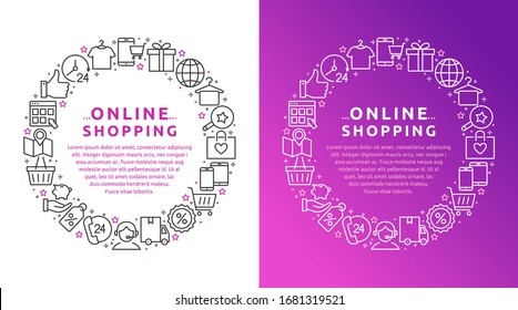 Ilustración vectorial de las compras en línea, iconos de comercio electrónico con pago, tienda móvil, cartera, venta, caja de regalo y símbolos de etiquetas. Antecedentes de banners web, sitios web, infografías, materiales impresos, aplicaciones