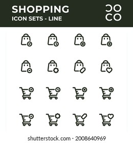 Ilustración vectorial de las compras en línea y los juegos de iconos de comercio electrónico. Estilo de esquema. Color verde. Sencillo y minimalista. Adecuado para aplicaciones, sitios web, medios sociales, folletos, etc.