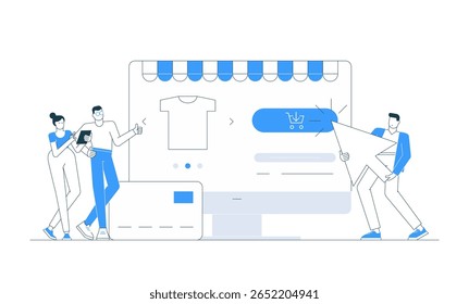 Ilustração vetorial de compras on-line em uma loja de e-commerce. O cliente clica em um ícone de carrinho para comprar um produto. Compra na Internet, pedido digital, computador, aplicativo móvel, venda, conceitos de tecnologia de varejo
