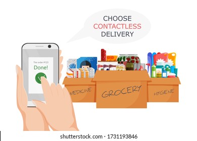 Vector illustration of online shopping in epidemic period. Flat concept design to choose contactless delivery. Non-contact express logistic service in quarantine. Cardboard boxes with goods isolated