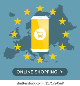 Vector illustration for online shopping in europe with phone and shopping cart symbol. E-commerce illustration.