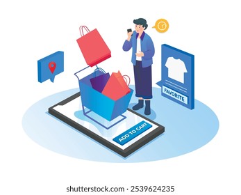 Vector illustration online shopping with favorite items into basket on smartphone