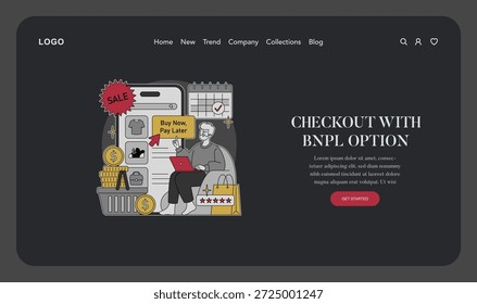 Ilustración vectorial Obtener ahora de compras en línea con una persona que utiliza una opción de pago posterior. Incluye Elementos de compras digitales como etiquetas de ventas, monedas y listas de verificación para mejorar los detalles.