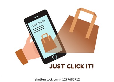 Vector illustration of online shopping with mobile phone, placing an order. Hand holding cell phone. Brown paper shopping bag.
