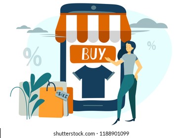 Vector illustration, online shopping, order online through the phone, online store, business concept, buying and selling, flat style for your design