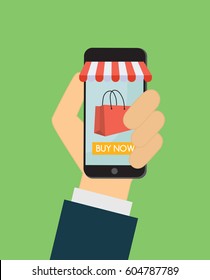 Vector illustration. Online shopping phone with bag shopping. E-commerce concept. Green background