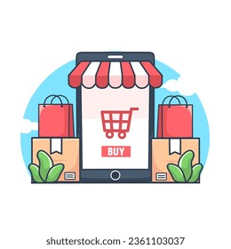 vector illustration of online shopping, online shop concept via smartphone, isolated design on white background