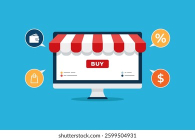 Vector illustration of Online Shopping Store with Buy Button and Transaction Symbol	