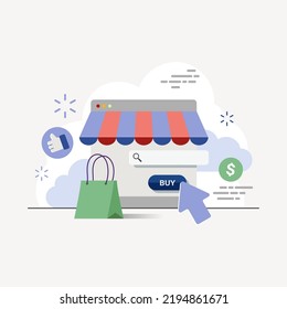 Vector Illustration - Online shopping website concept. Desktop web page with shopping bag and search bar.