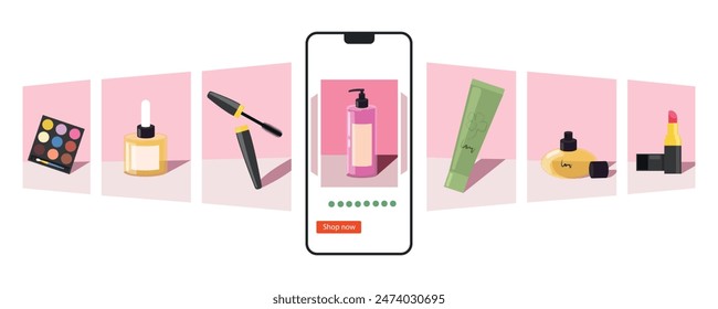 Vector illustration of online shopping.Cartoon scene of a smartphone with the inscription shop now,various cosmetics:eyeshadow palette, face serum, mascara, body cream, face cream, perfume, lipstick.