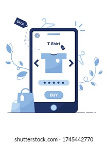 Vector illustration of an online store. Buy via phone. Shop template. T-shirt at a discount. Sell-out. Buy it now. 
Product review. Five stars. Blue. White background. Order from home. Eps 10
