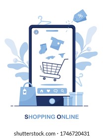 Vector illustration of an online store. Buy via phone. Shop template. T-shirt discount. Sell ​​out. Buy it now. Order from home. Cart, truck with things. Website page. Blue. White background. Eps 10