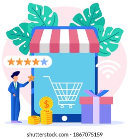 Vector illustration of online store feedback business concept. These designs can be used for websites, landing pages, UI, mobile apps, posters, banners.