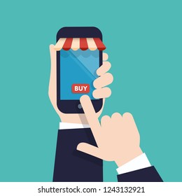Vector illustration of an online store. Hand with mobile phone clicking buy button on screen. On line business concept.