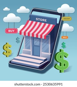 Vector illustration of an online store inside a smartphone, surrounded by buy, discount, and sale icons, along with dollar symbols. Perfect for ecommerce, digital shopping, and mobile commerce visuals