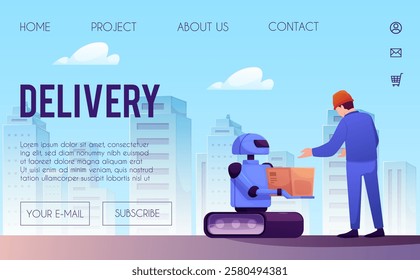 Vector illustration of online store page where robot on wheels passes box to worker in helmet. Automated delivery service for online orders. Innovative technologies in logistics. Flat cartoon style.