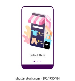 Ilustración vectorial de la promoción de tiendas en línea, comercio electrónico, y añadir a la gráfica en la pantalla de aplicación y el concepto web en el embarque. Interfaz Online Shopping UX, interfaz de usuario de interfaz de usuario para smartphone o web.