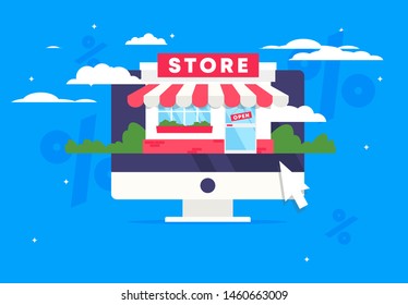 Vector illustration of online store template, store image in computer monitor, mouse cursor icon, discounts in online store