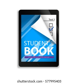 Vector illustration of online student's book with home task on the screen of the tablet