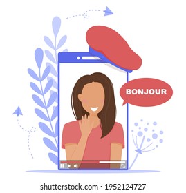 Vector illustration of online studying. French tutor. Individual lessons. Video tutorial. Language school. Online education. Bonjour. Hello. Teacher. 