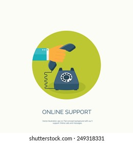 Vector illustration. Online support concept background. 24/7. Contact us.