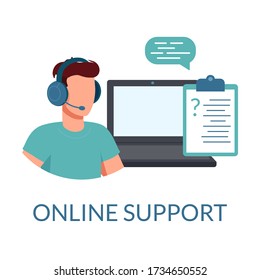 Vector illustration of an online support specialist. Man with headphones and a microphone with a laptop. The concept of support, assistance, call center. Flat style