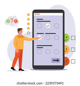 Vektorgrafik der Online-Umfrage. Cartoon-Szene mit einem Mann, der Tests am Telefon und hat eine Bewertung der richtigen oder falschen Antworten auf weißem Hintergrund.