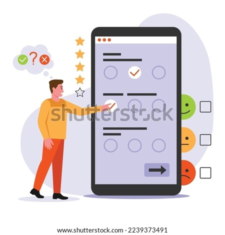 Vector illustration of online survey. Cartoon scene with a guy who takes tests on the phone and has a rating of correct or incorrect answers on white background.